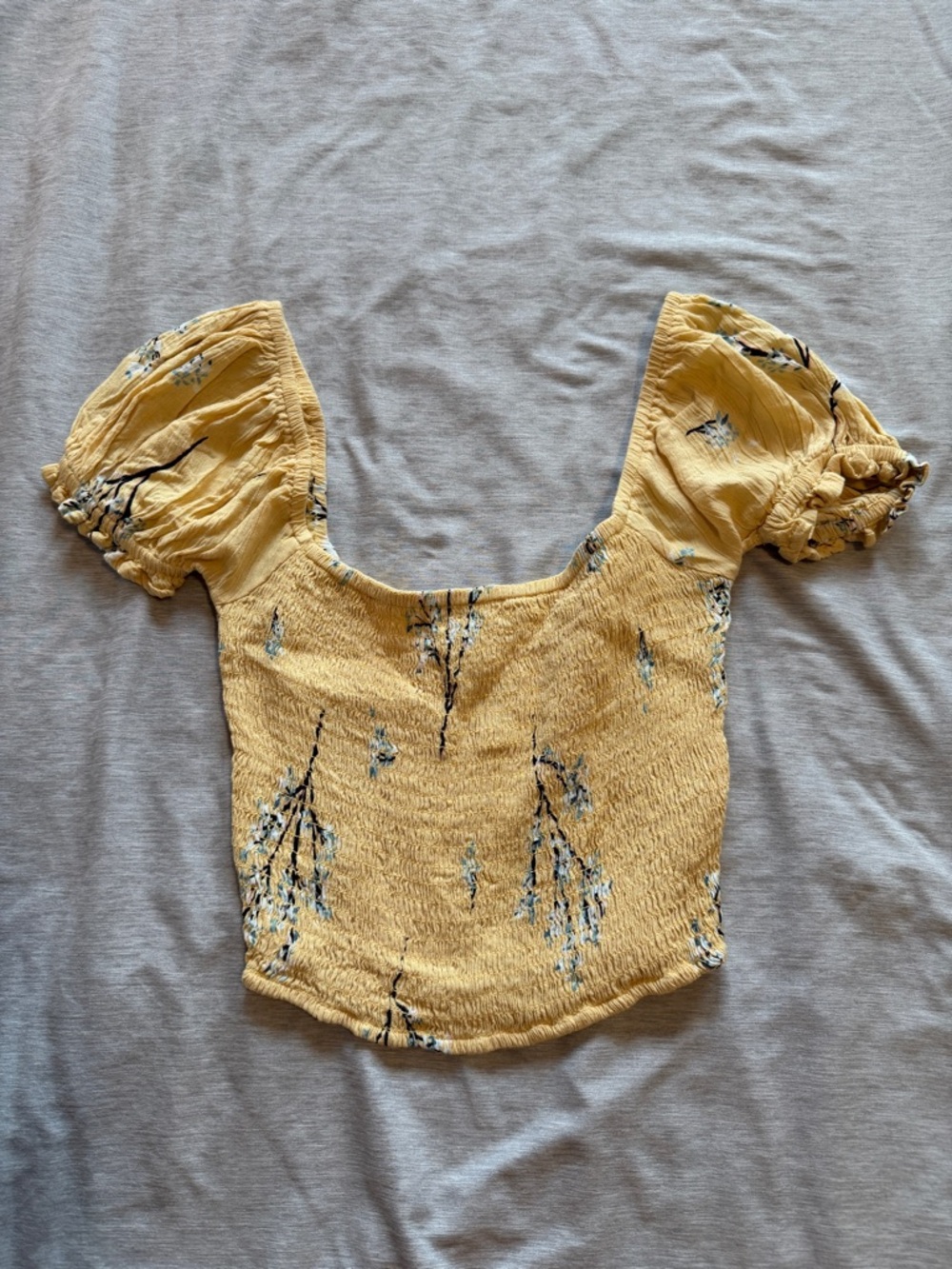 Billabong Yellow Floral Smocked Puff Sleeve Crop Top